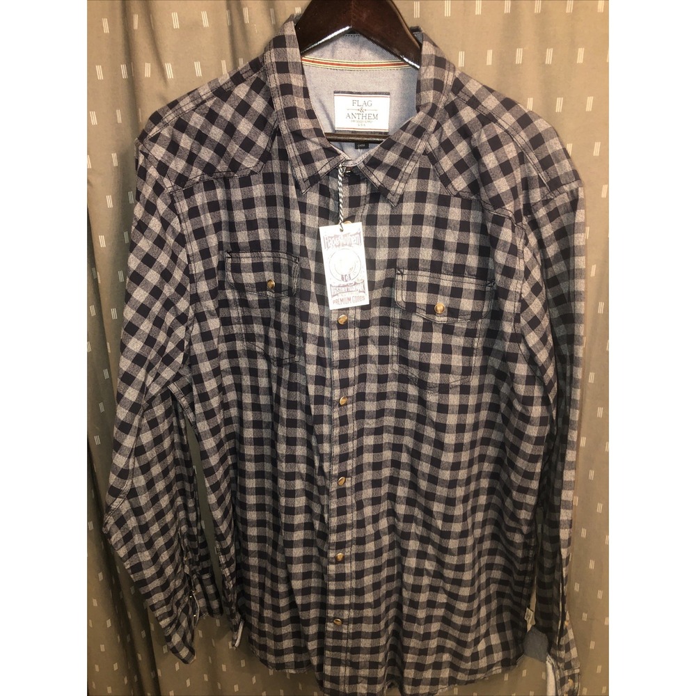 Flag&Anthem LS Snap Button Down Shirt Gray&Blue Gingham Pattern Mens Sz 2 XL NWT